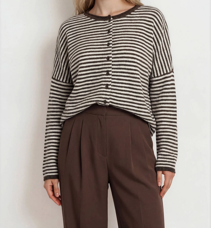 Stripe Raw Edge Drop Shoulder Knit Cardigan