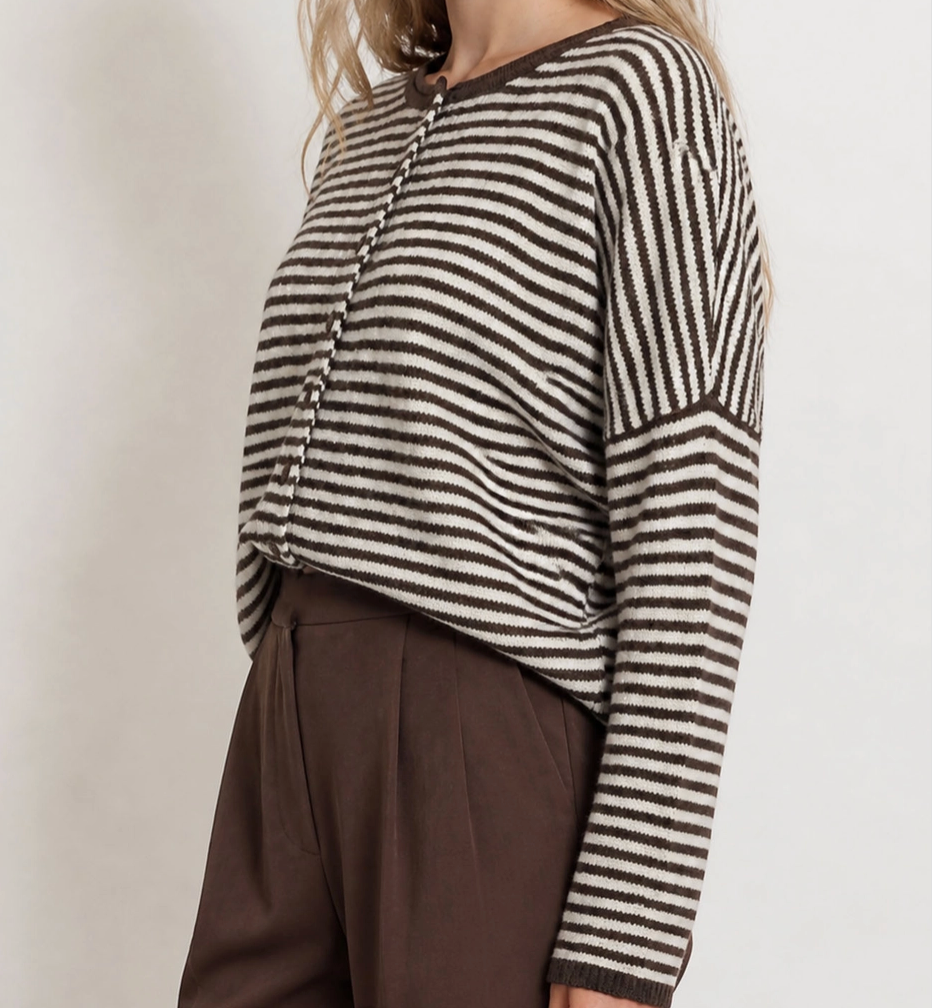Stripe Raw Edge Drop Shoulder Knit Cardigan