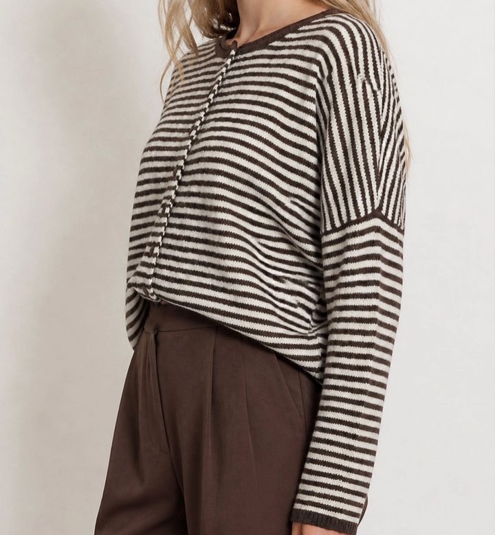 Stripe Raw Edge Drop Shoulder Knit Cardigan