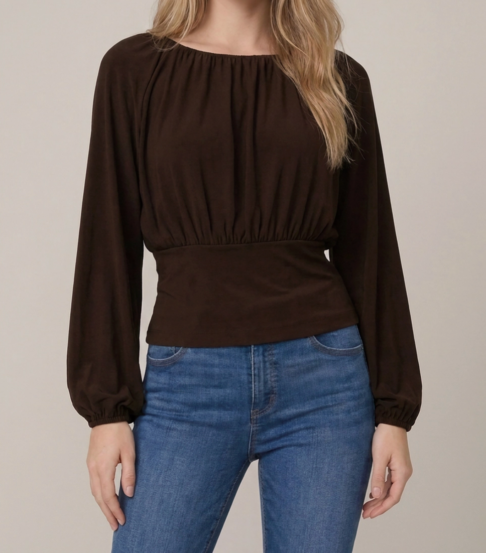 Soft Brushed Knit Flowy Ruched Bust Long Balloon Sleeve