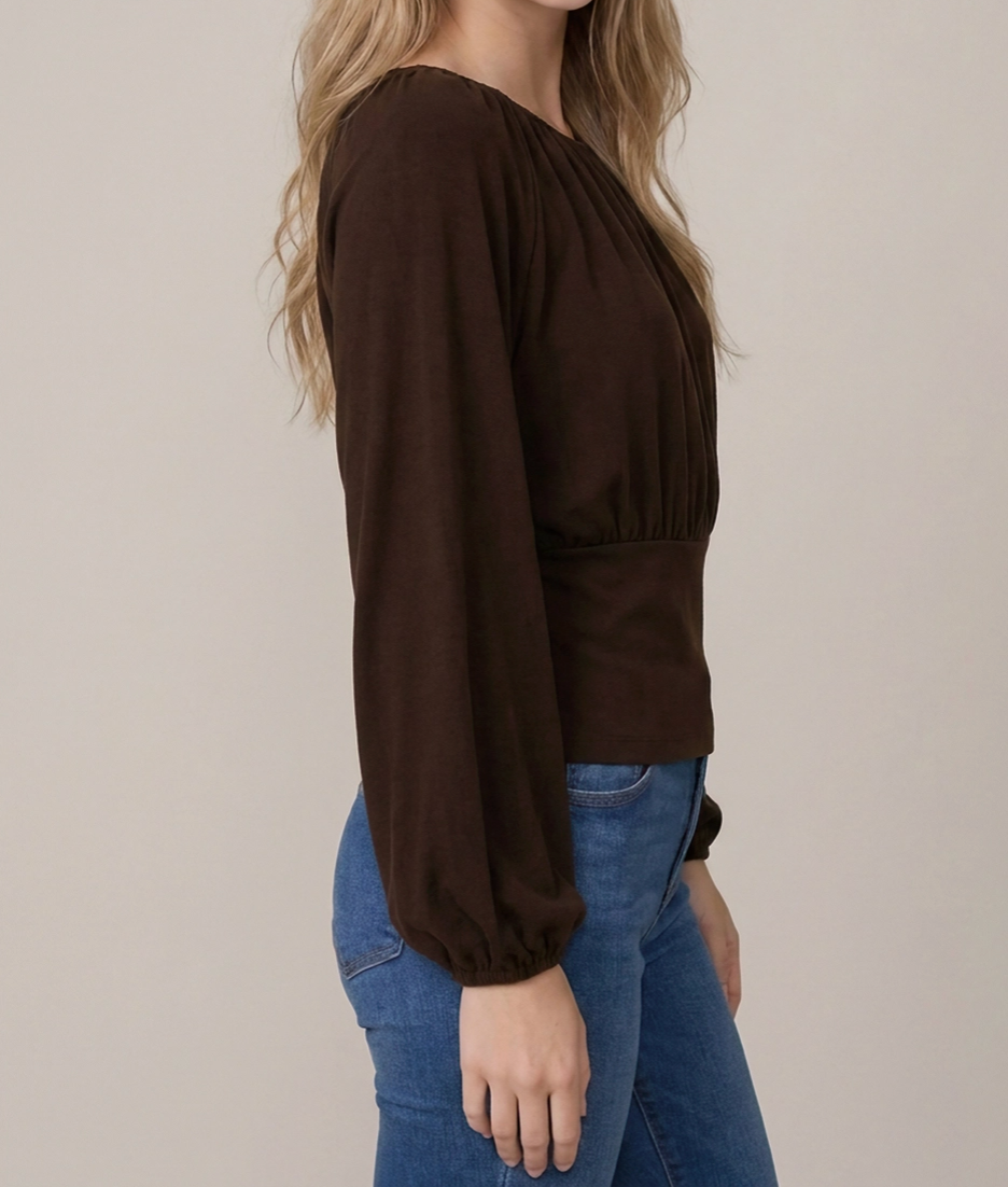 Soft Brushed Knit Flowy Ruched Bust Long Balloon Sleeve