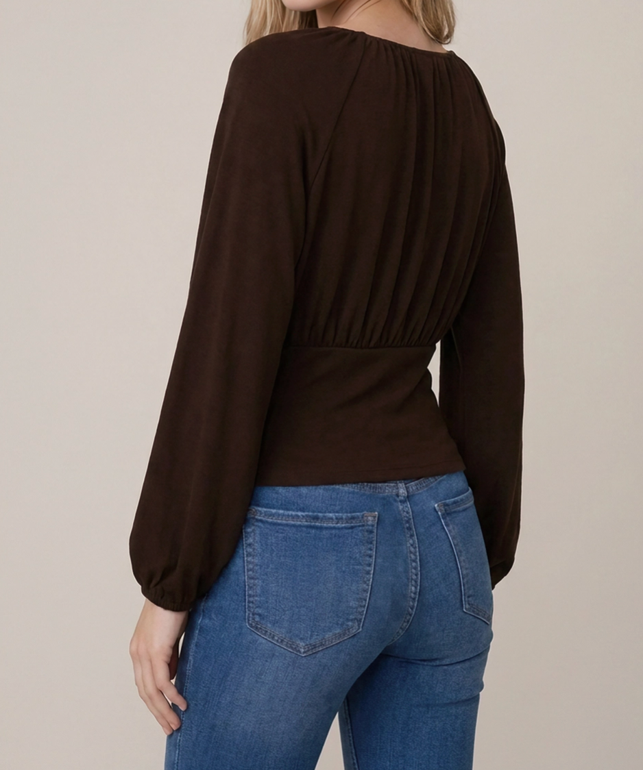Soft Brushed Knit Flowy Ruched Bust Long Balloon Sleeve