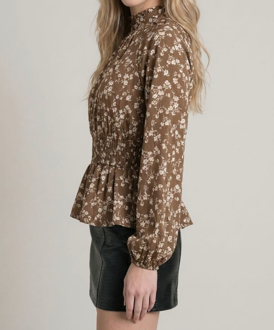 Printed Long Sleeve Mock Neck Smocking Waist Blouse