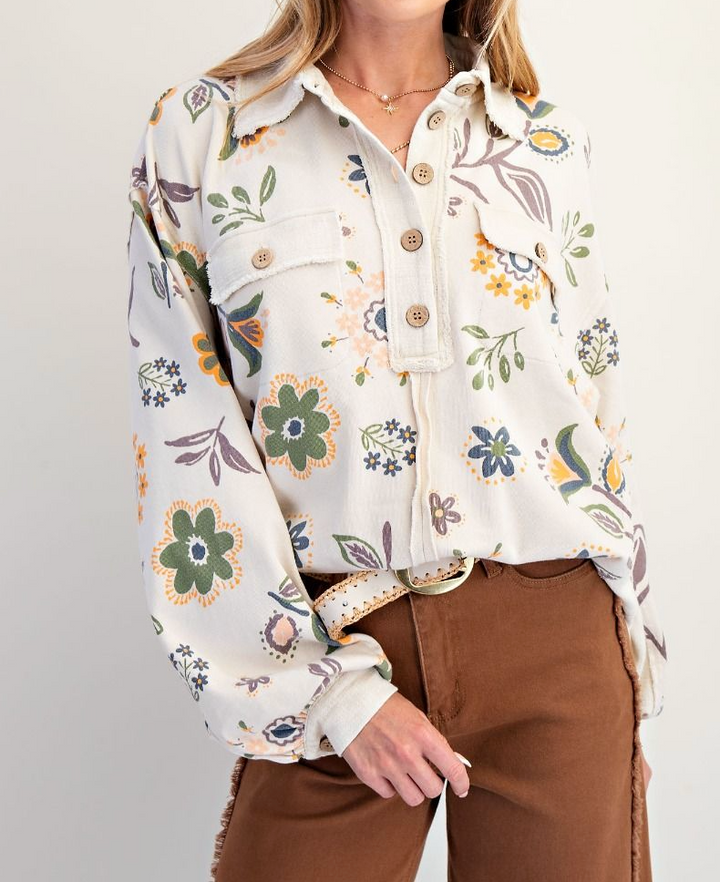 Floral Printed Terry Pullover Shirt