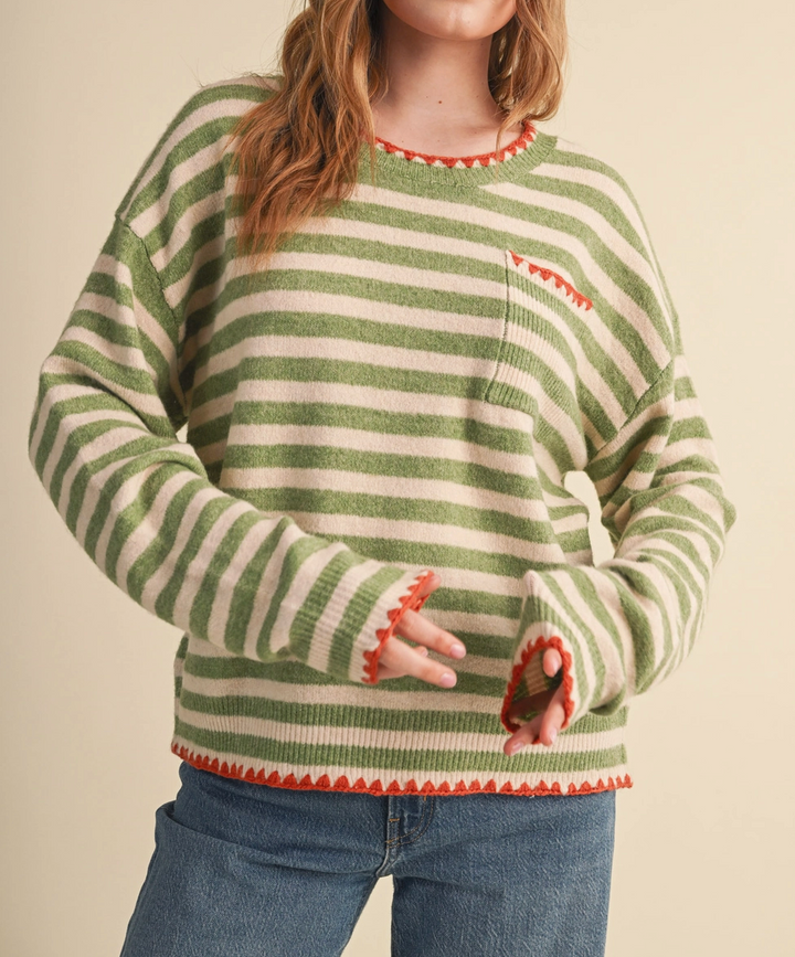Contrast Triangle Stitch Striped Sweater