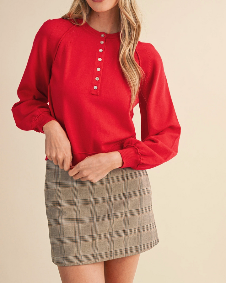 Puff Sleeve Henley Shell Button Sweater