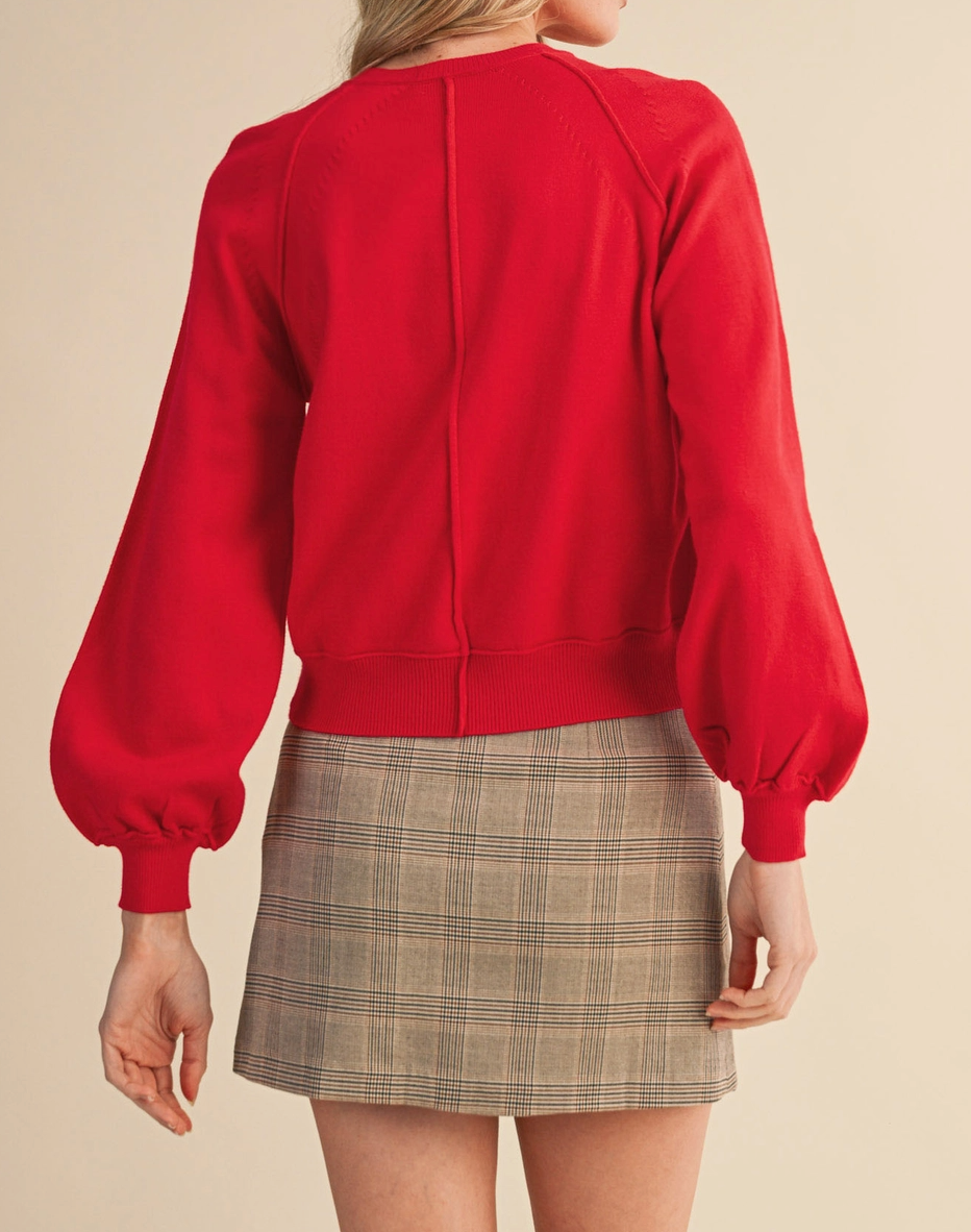 Puff Sleeve Henley Shell Button Sweater