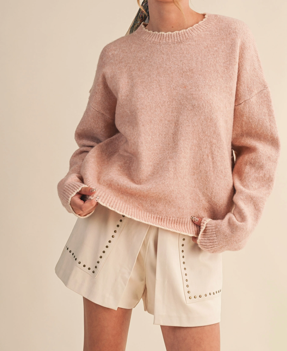 Contrast Knit Scalloped Edge Sweater