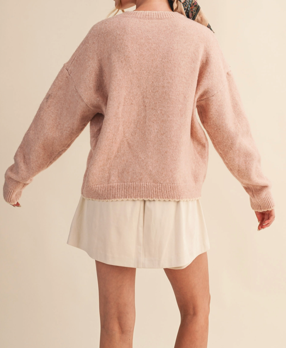 Contrast Knit Scalloped Edge Sweater