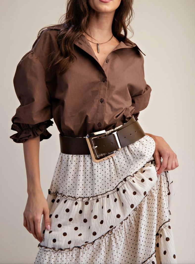 3/4 Slvs Button Down Poplin Shirt Blouse