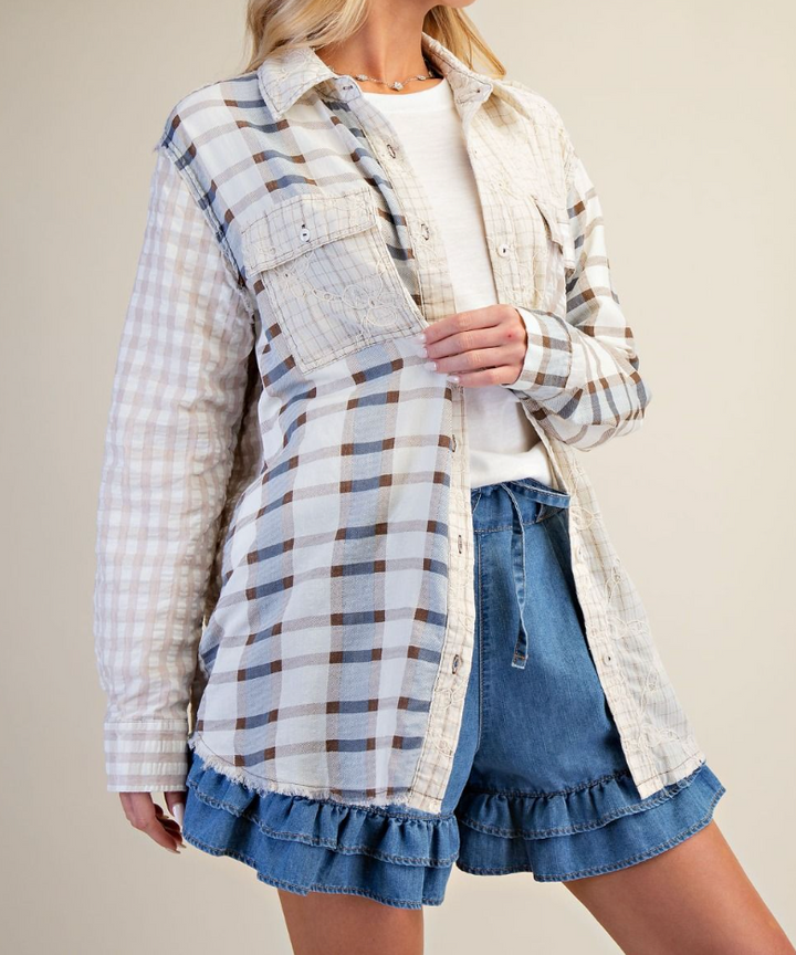 Plaid Star Patch Back Washed Shirt