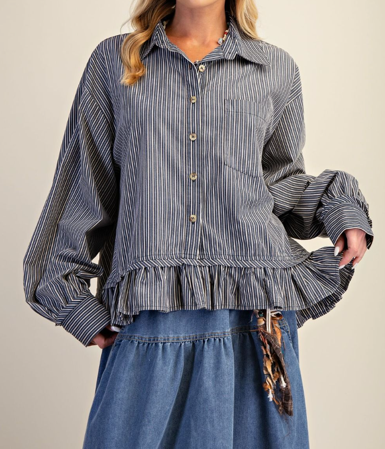 Striped Poplin Button Down Washed Top
