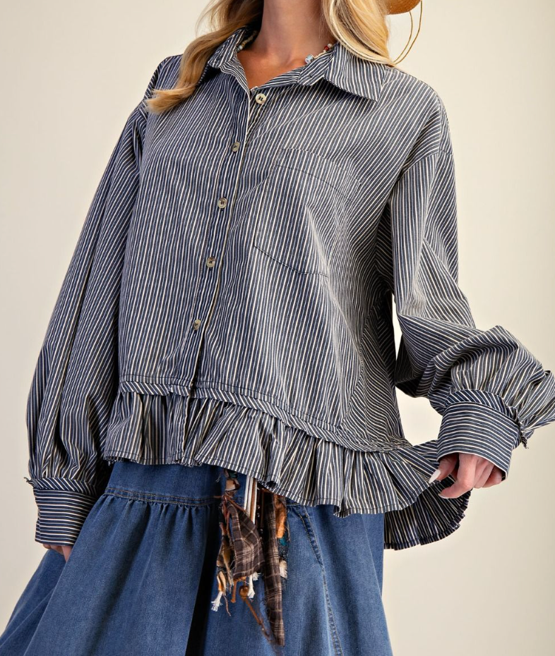 Striped Poplin Button Down Washed Top