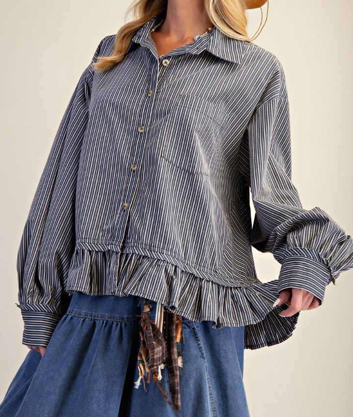 Striped Poplin Button Down Washed Top