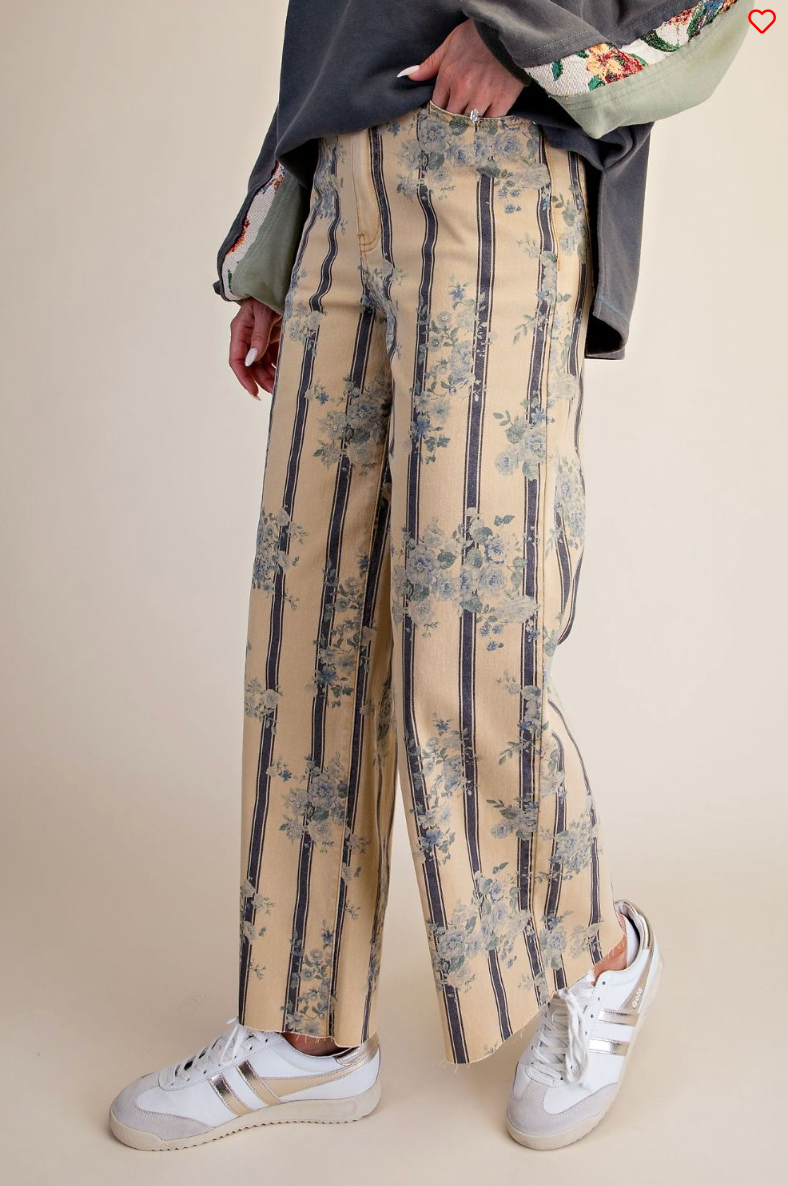 Flower Printed Soft Stripe Pants