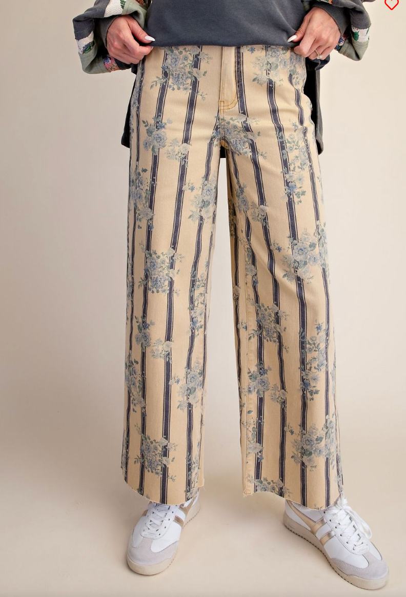 Flower Printed Soft Stripe Pants