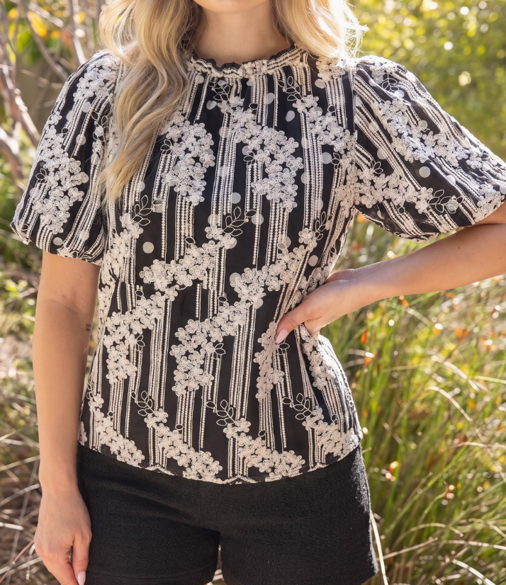 Ruffle Neck Floral Embroidered Polkadot Chiffon Top