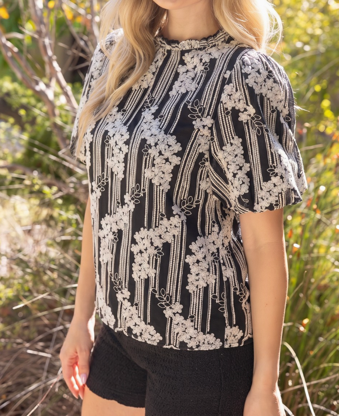 Ruffle Neck Floral Embroidered Polkadot Chiffon Top
