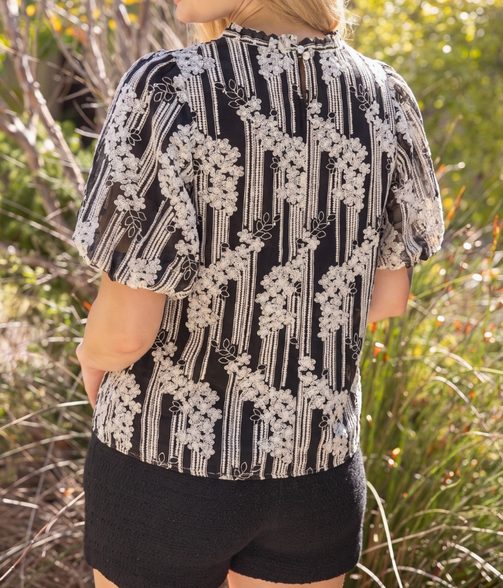 Ruffle Neck Floral Embroidered Polkadot Chiffon Top