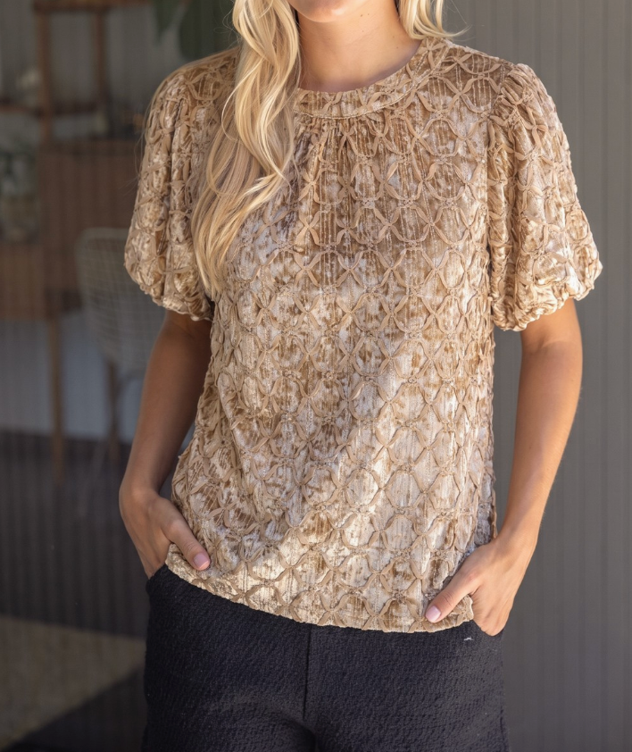 Trellis Trimmed Crushed Velvet Bubble Sleeve Top