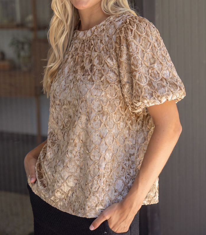 Trellis Trimmed Crushed Velvet Bubble Sleeve Top