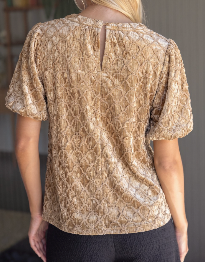 Trellis Trimmed Crushed Velvet Bubble Sleeve Top