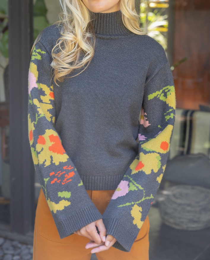 Floral Long Sleeve Mocked Turtleneck Sweater Top