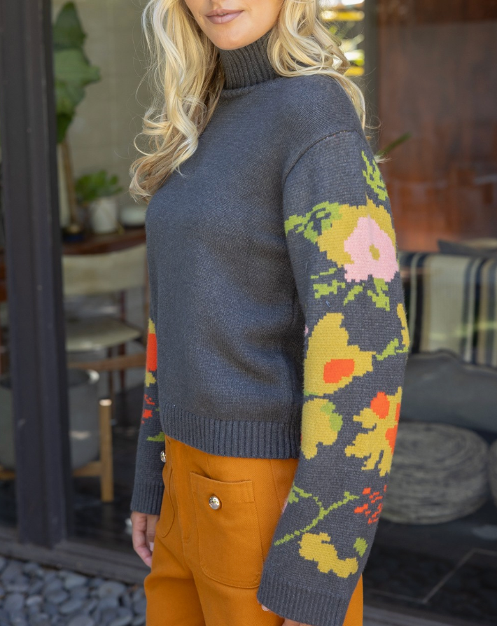 Floral Long Sleeve Mocked Turtleneck Sweater Top