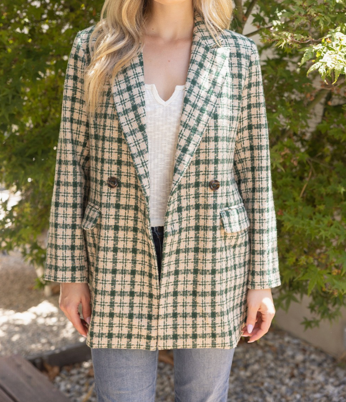 Double Breasted Pocket Detail Plaid Blazer Coat