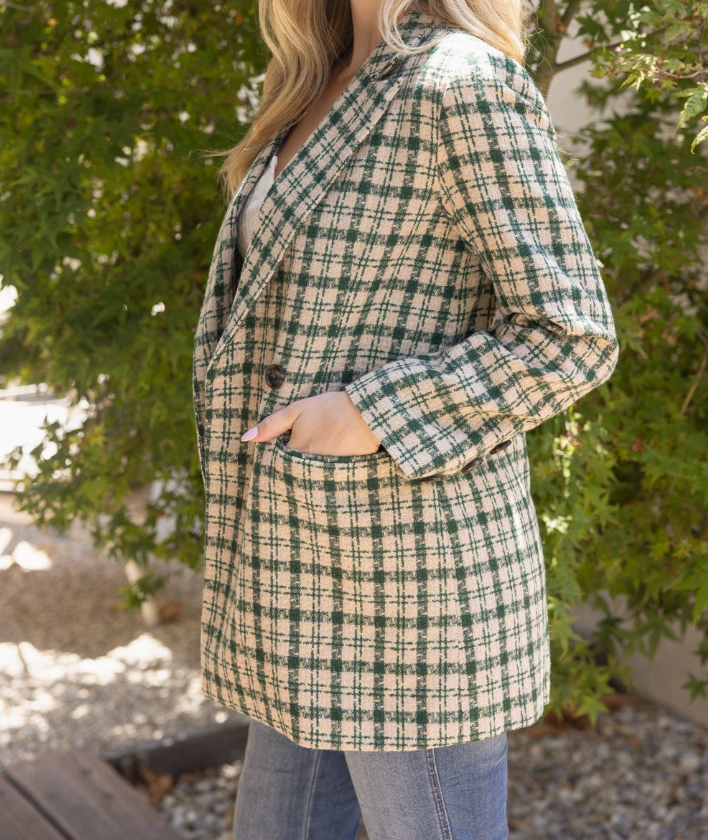 Double Breasted Pocket Detail Plaid Blazer Coat
