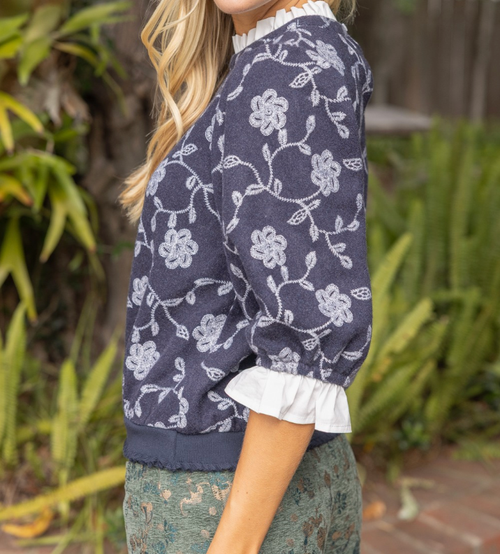 Solid Ruffle Detail Floral Embroidered Top