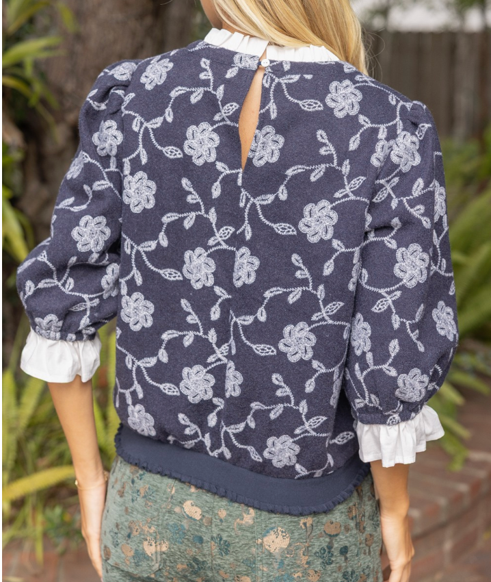 Solid Ruffle Detail Floral Embroidered Top