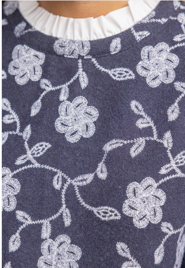 Solid Ruffle Detail Floral Embroidered Top
