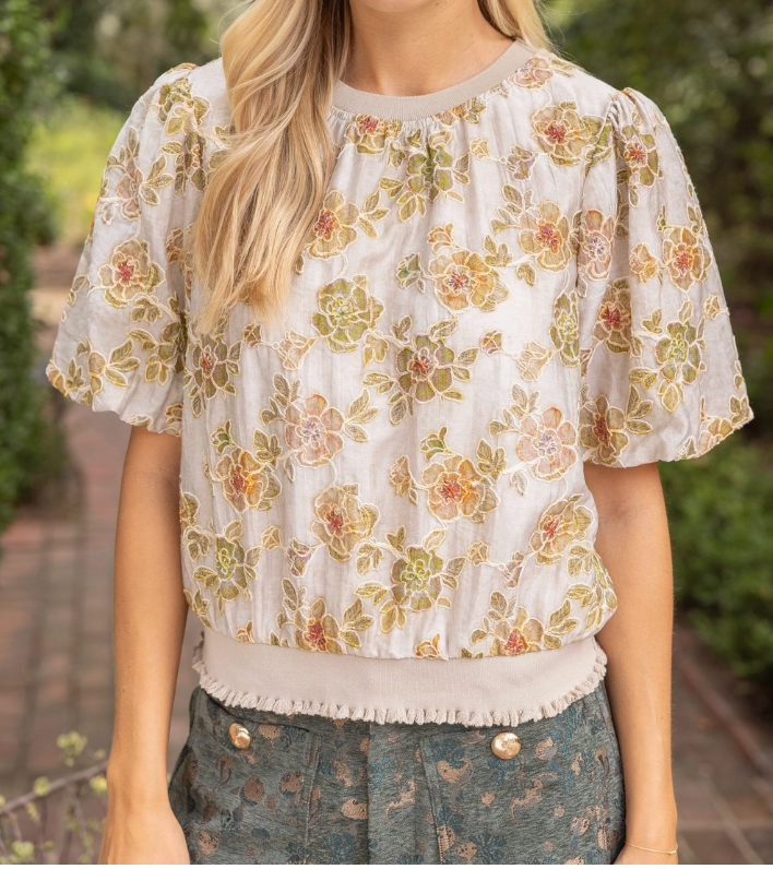 Ribbed Knit Band Floral Embroidered Top