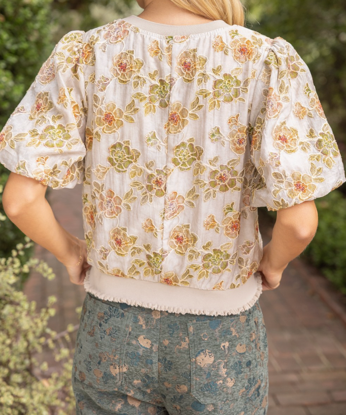 Ribbed Knit Band Floral Embroidered Top