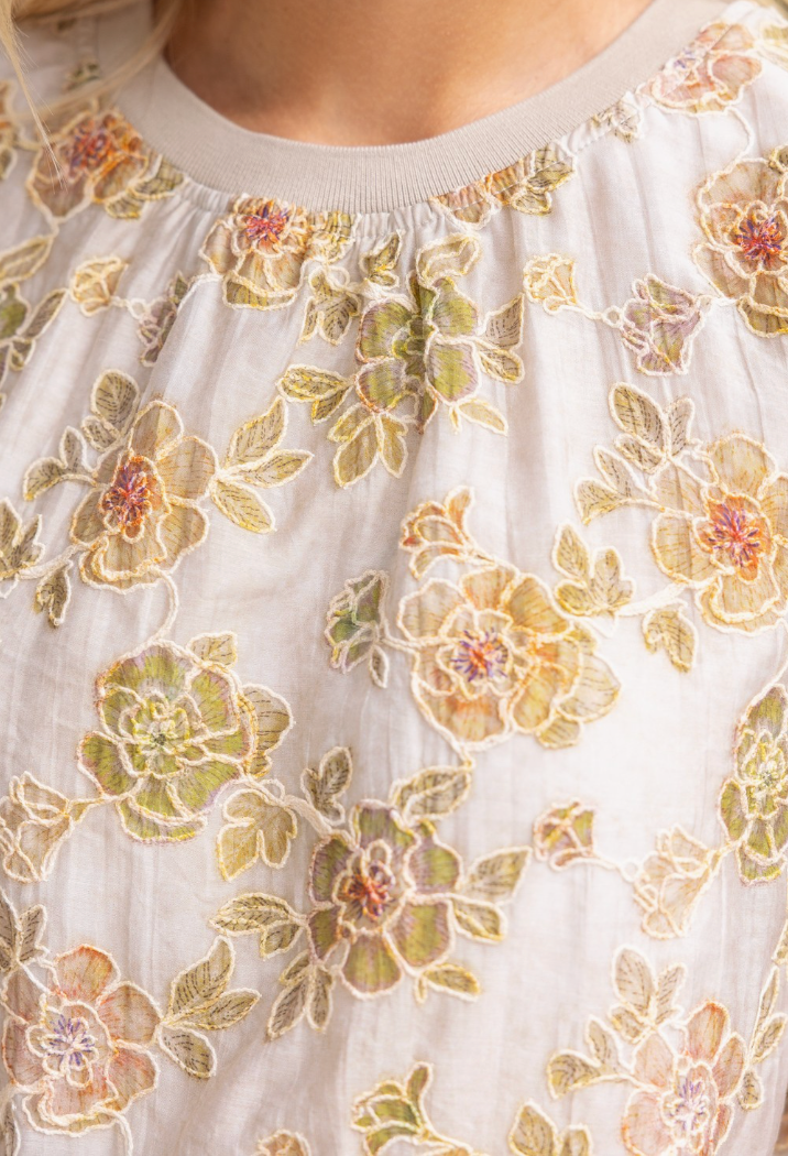 Ribbed Knit Band Floral Embroidered Top