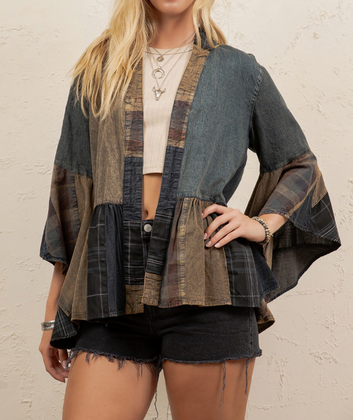 Boho Mixed Plaid &amp; Denim Patchwork Kimono Top