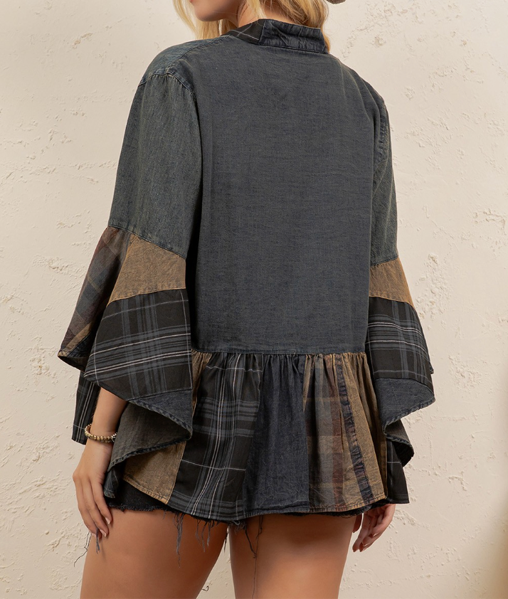Boho Mixed Plaid &amp; Denim Patchwork Kimono Top