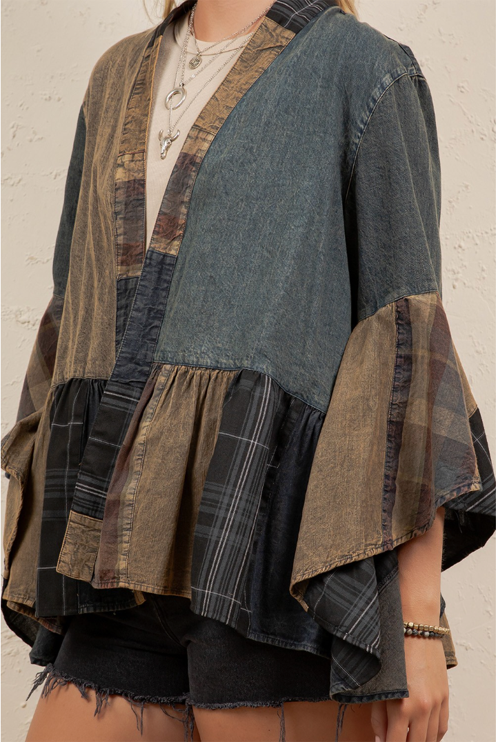 Boho Mixed Plaid &amp; Denim Patchwork Kimono Top
