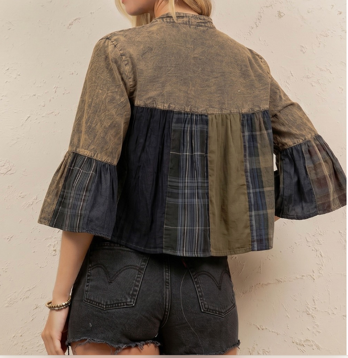 Tiered Patchwork Denim Cropped Shrug