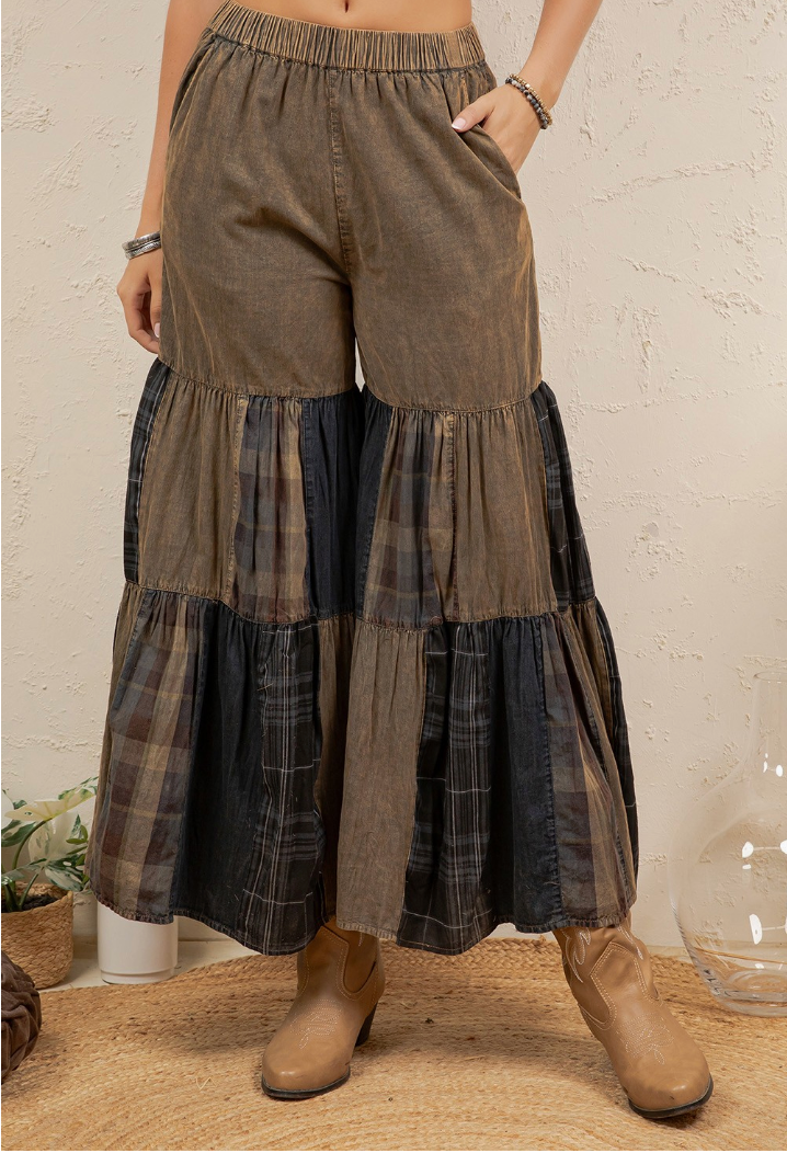 Vintage Boho Patchwork Wide Leg Pants with Plaid Tiered