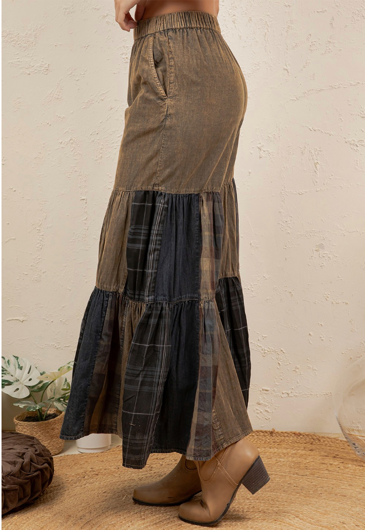 Vintage Boho Patchwork Wide Leg Pants with Plaid Tiered