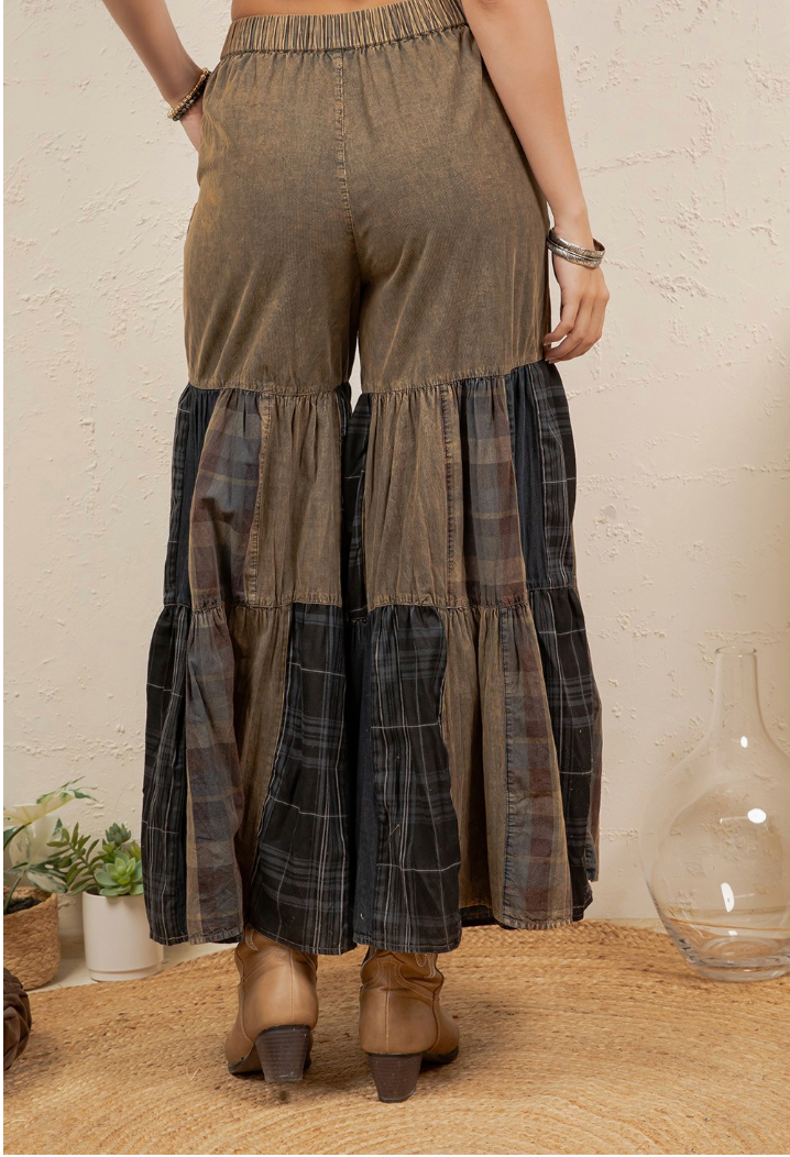 Vintage Boho Patchwork Wide Leg Pants with Plaid Tiered