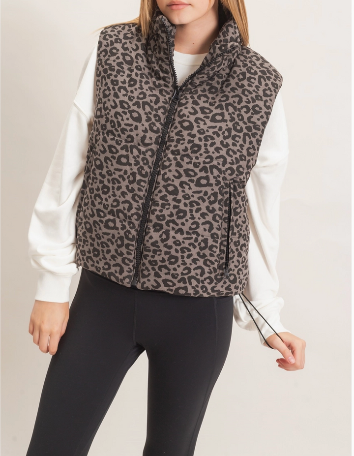 Leopard Quilted Zip Up Puffer Vest