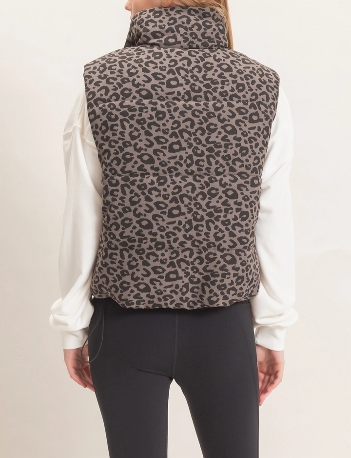 Leopard Quilted Zip Up Puffer Vest