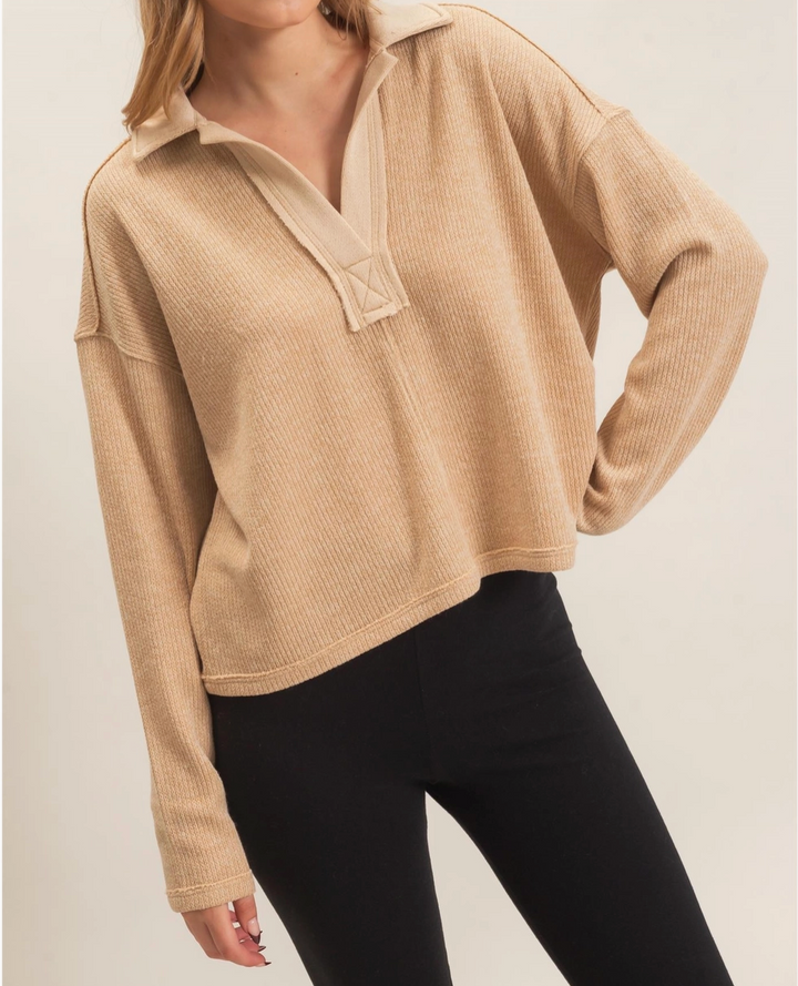 Ribbed Collared Pullover Top