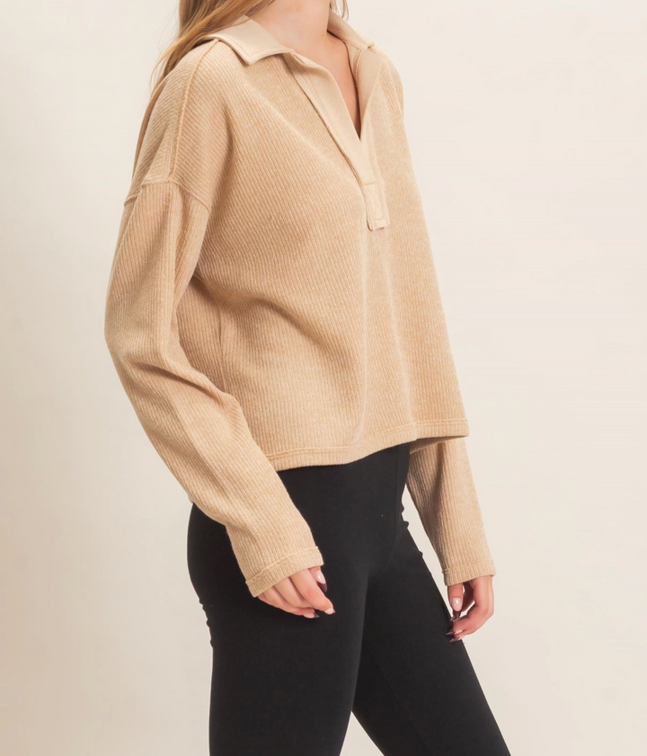 Ribbed Collared Pullover Top