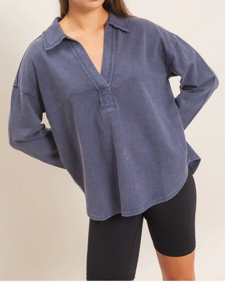 Mineral Washed Polo Collar Long Sleeve Top