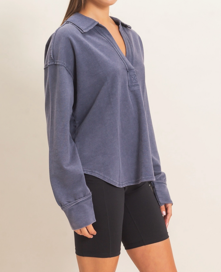 Mineral Washed Polo Collar Long Sleeve Top