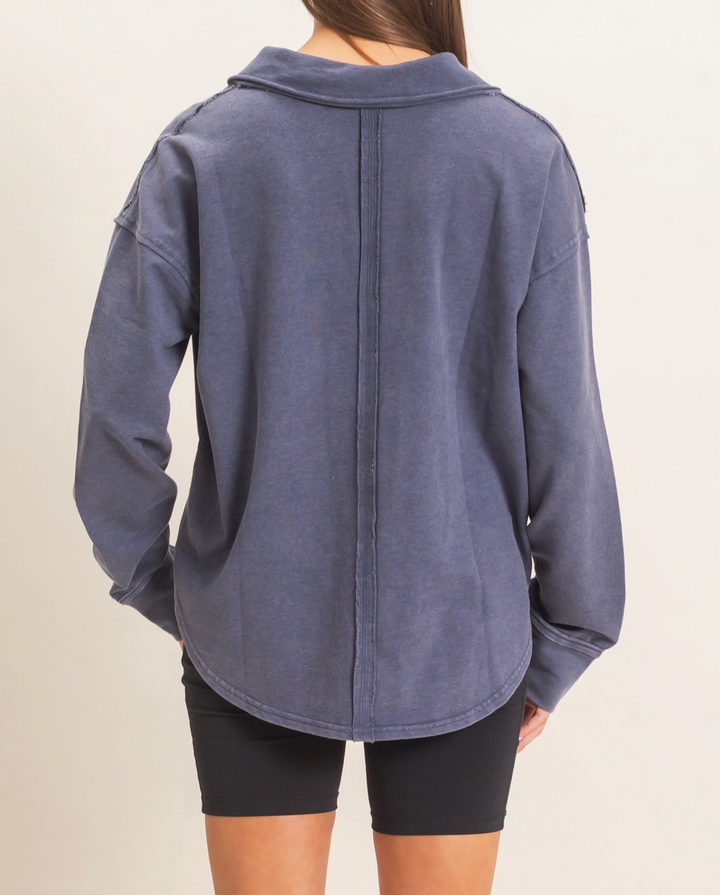 Mineral Washed Polo Collar Long Sleeve Top